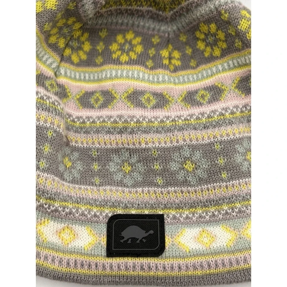 Turtle Fur Merino Wool Pink Yellow Fair Isle Beanie Hat Fleece Faux Fur Pom Pom